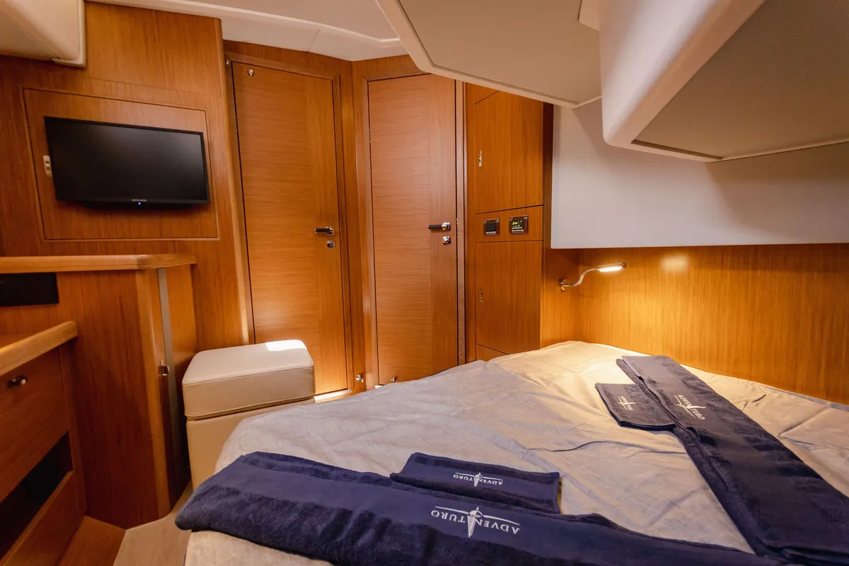 Cabin on Adventuro, a Hanse Yachts Moody 54 DS sailboat at Palma de Mallorca, Spain