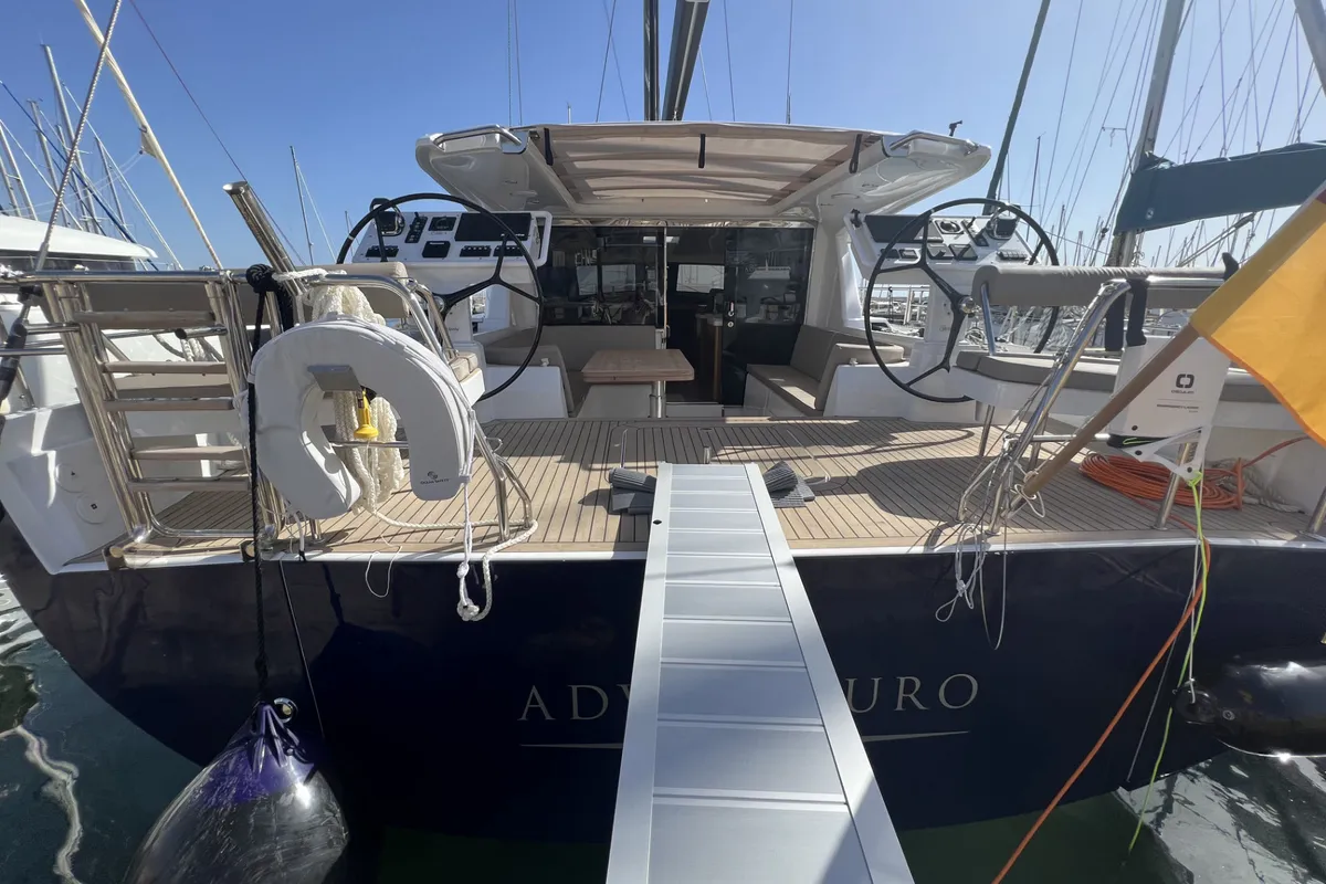 Deck of Adventuro, a Hanse Yachts Moody 54 DS sailboat at Palma de Mallorca, Spain