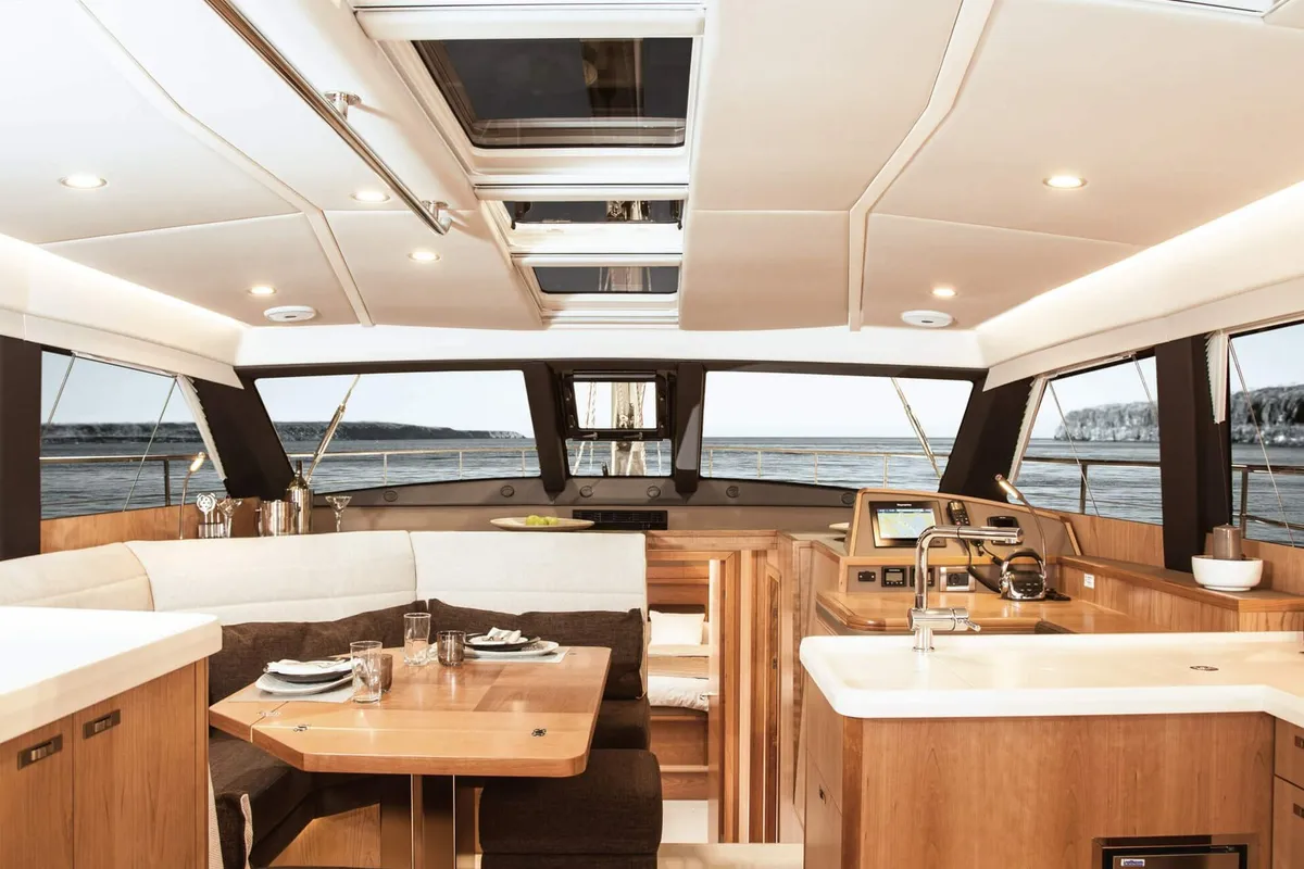Salon of Adventuro, a Hanse Yachts Moody 54 DS sailboat at Palma de Mallorca, Spain