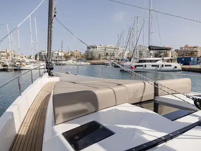 Deck of Adventuro, a Hanse Yachts Moody 54 DS sailboat at Palma de Mallorca, Spain