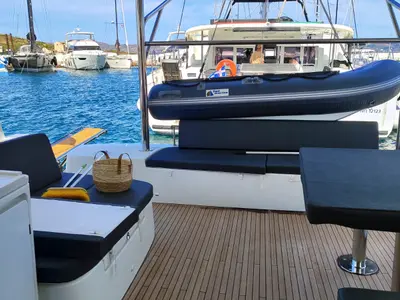 Deck of Naf, a Lagoon 51 catamaran at Lavrion, Greece