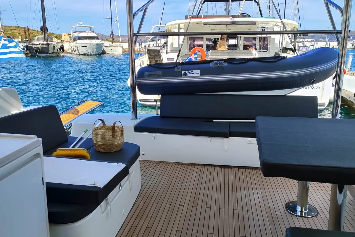 Deck of Naf, a Lagoon 51 catamaran at Lavrion, Greece