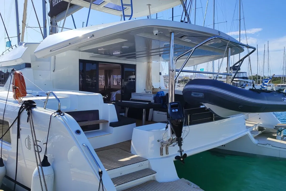 Exterior view of Naf, a Lagoon 51 catamaran at Lavrion, Greece