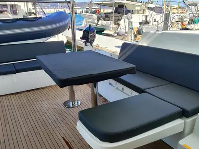 Cockpit of Naf, a Lagoon 51 catamaran at Lavrion, Greece