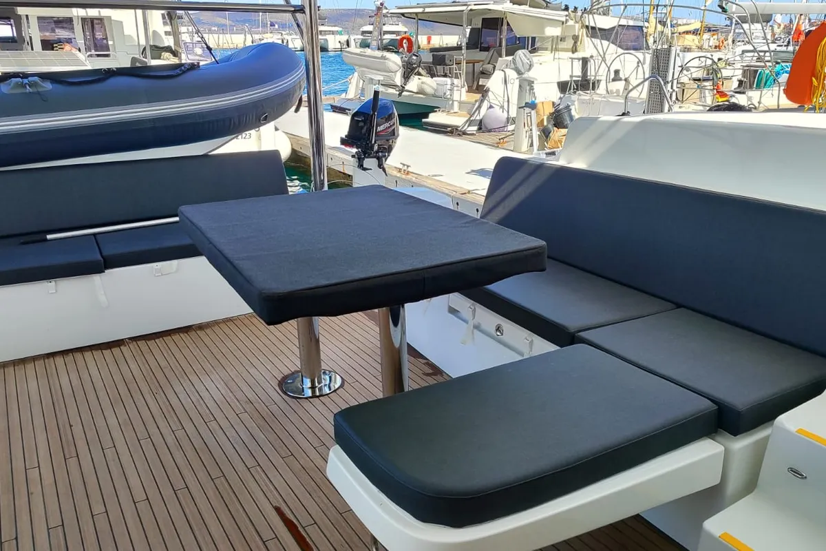 Naf, a Lagoon 51 catamaran at Lavrion, Greece
