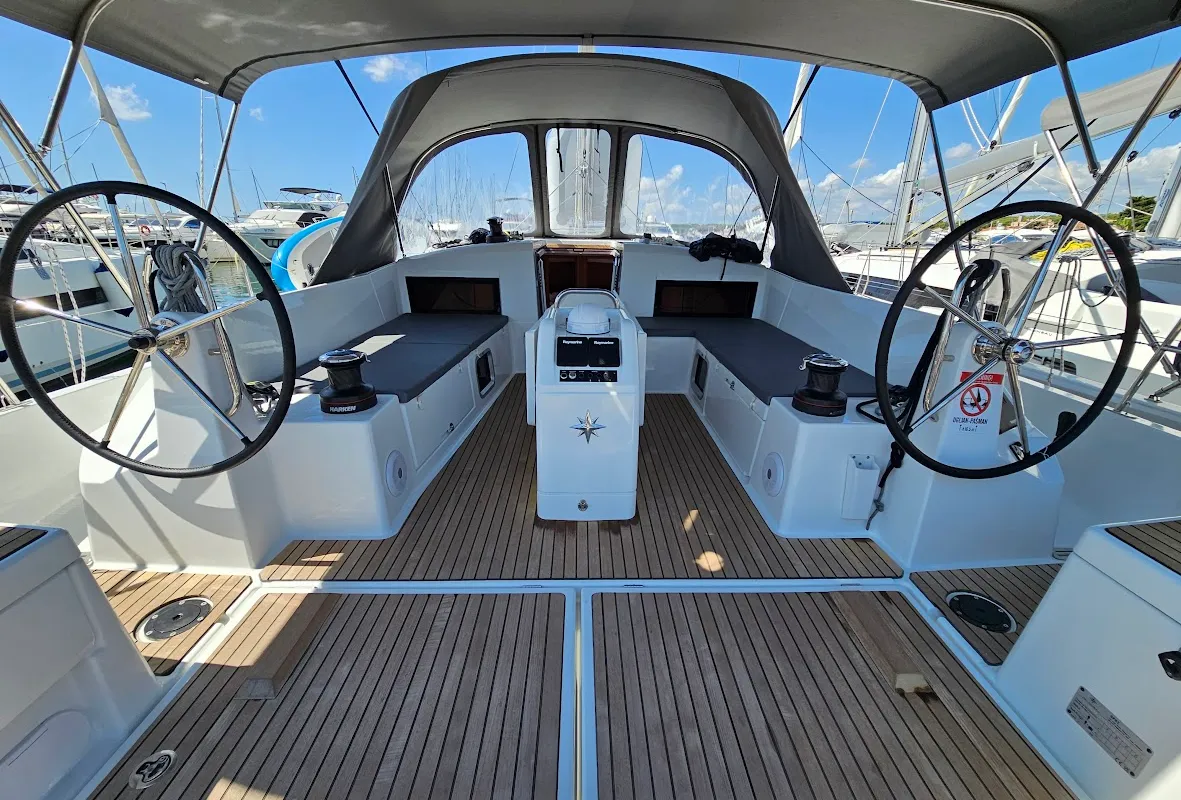 Cockpit of Luna, a Jeanneau Sun Odyssey 490 sailboat at Grad Biograd na Moru, Croatia