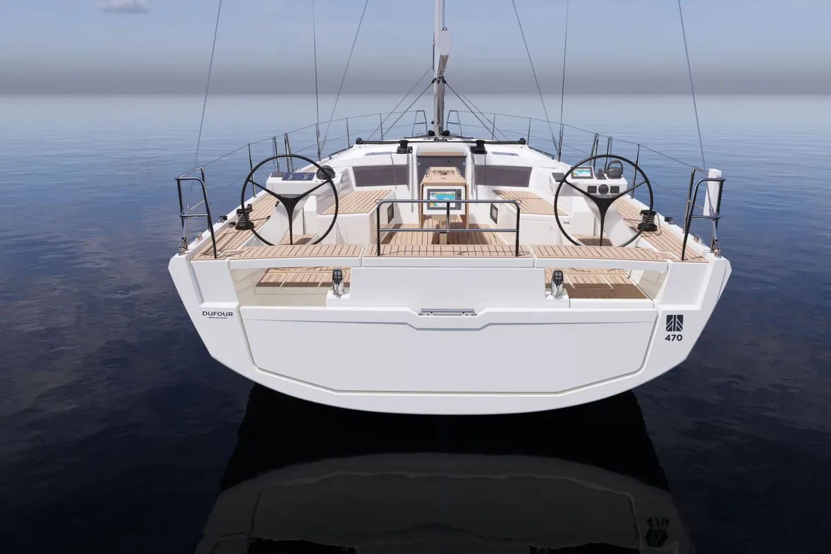 Exterior view of Blue Mermaid, a Dufour 470 sailboat at Lavrion, Greece
