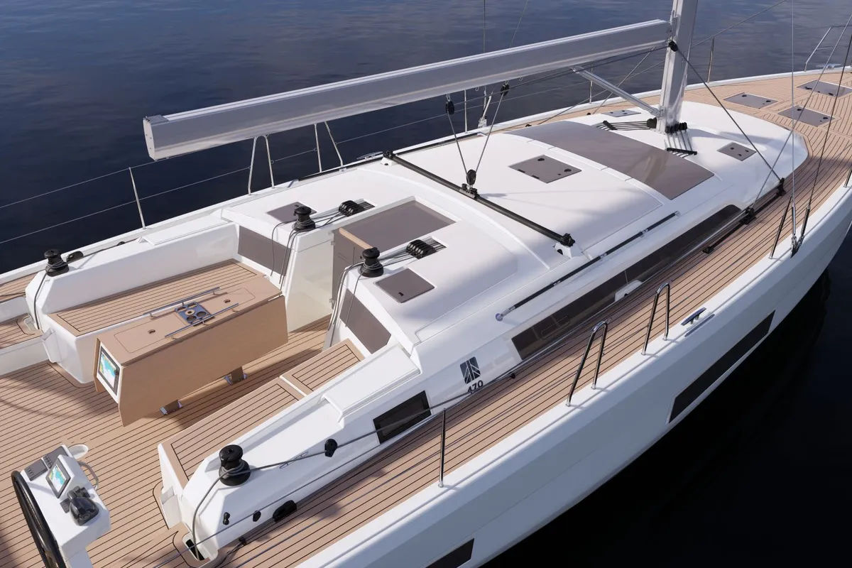 Deck of Blue Mermaid, a Dufour 470 sailboat at Lavrion, Greece