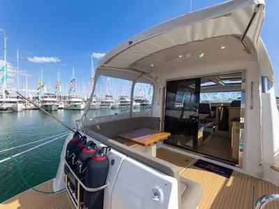 Deck of Ikar, a Nimbus 405 Coupe motorboat at Split, Croatia