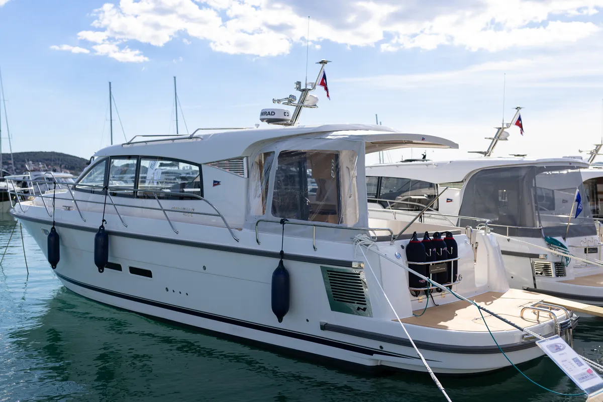 Exterior view of Ikar, a Nimbus 405 Coupe motorboat at Split, Croatia
