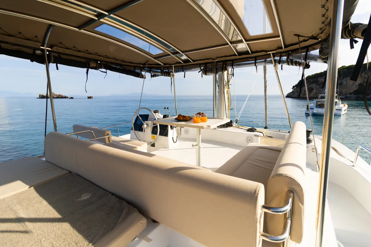 Deck of Zizi II, a Bali 4.6 catamaran at Preveza, Greece