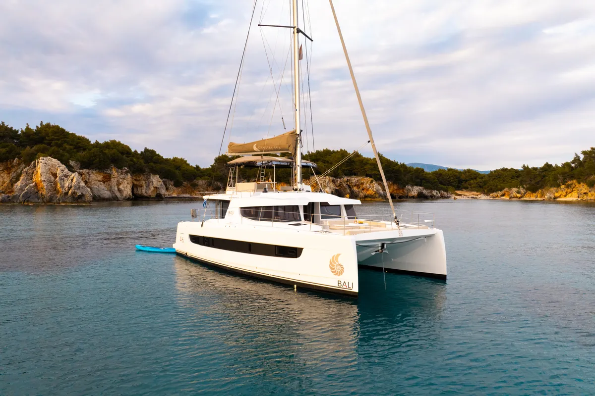 Exterior view of Zizi II, a Bali 4.6 catamaran at Preveza, Greece
