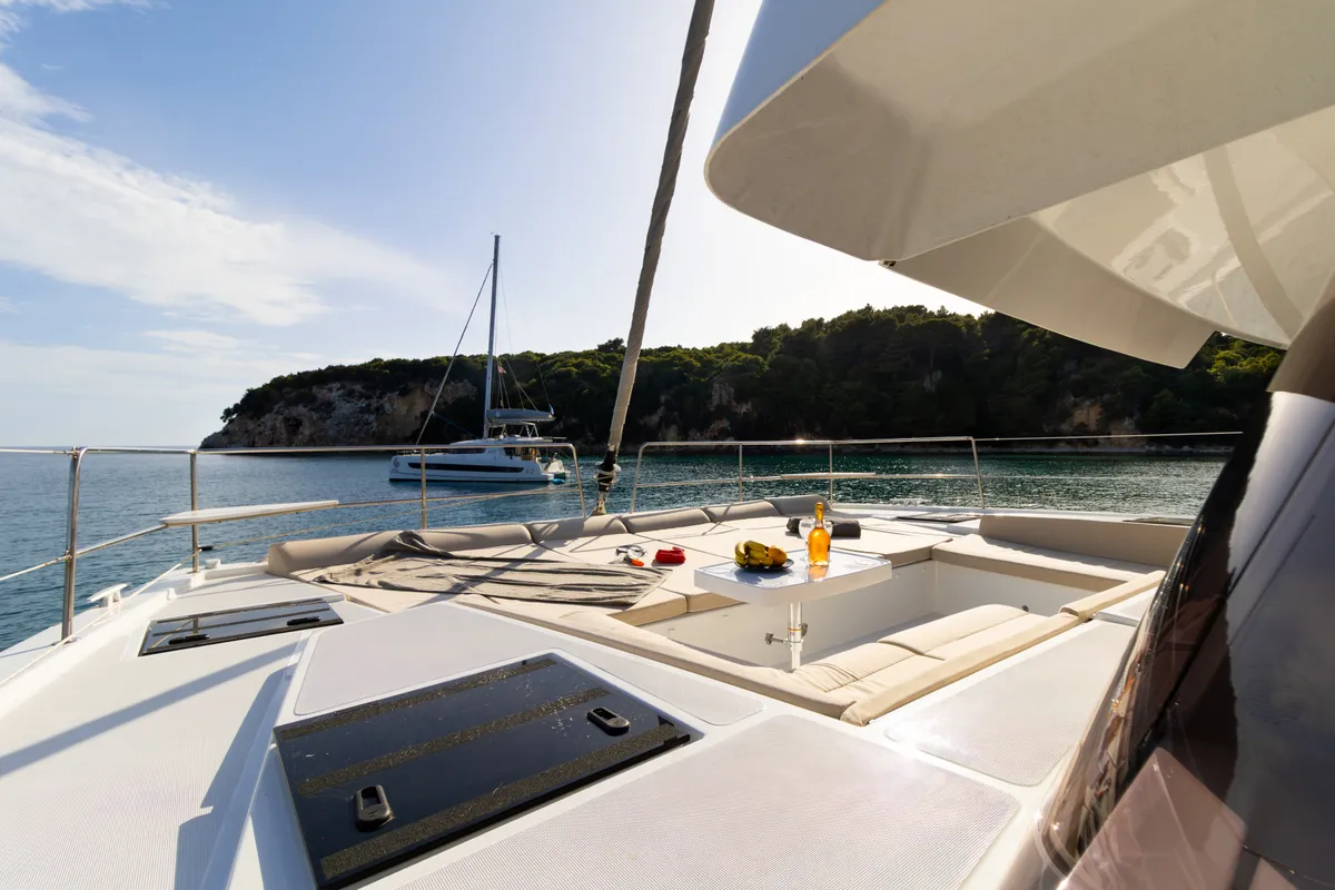 Deck of Zizi II, a Bali 4.6 catamaran at Preveza, Greece