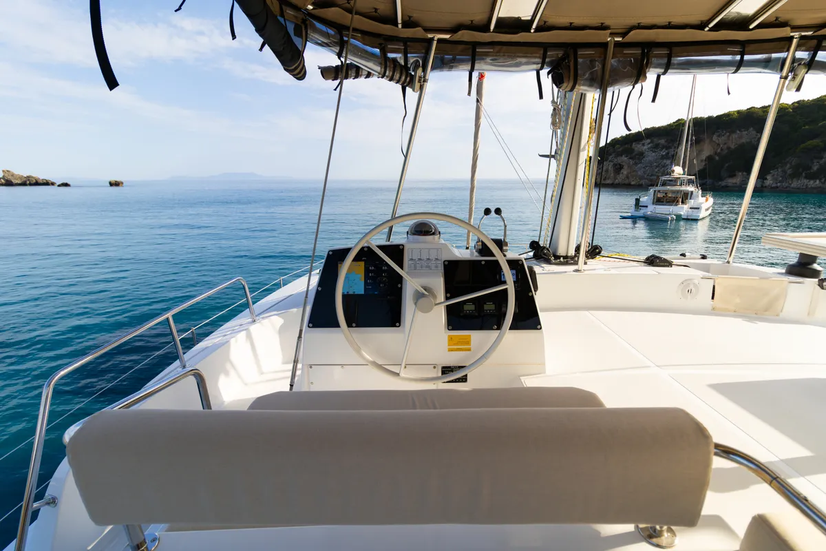 Cockpit of Zizi II, a Bali 4.6 catamaran at Preveza, Greece