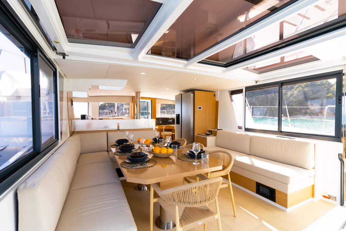 Salon of Zizi II, a Bali 4.6 catamaran at Preveza, Greece