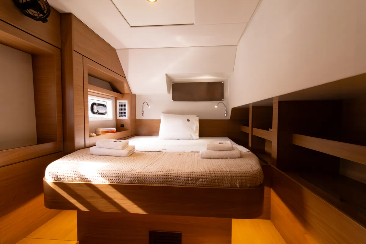 Cabin on Zizi II, a Bali 4.6 catamaran at Preveza, Greece