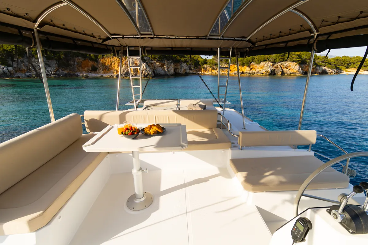 Deck of Zizi II, a Bali 4.6 catamaran at Preveza, Greece