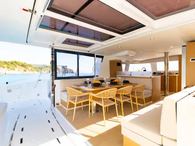 Salon of Zizi II, a Bali 4.6 catamaran at Preveza, Greece