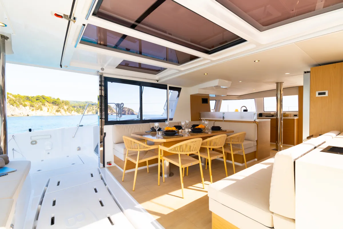 Salon of Zizi II, a Bali 4.6 catamaran at Preveza, Greece