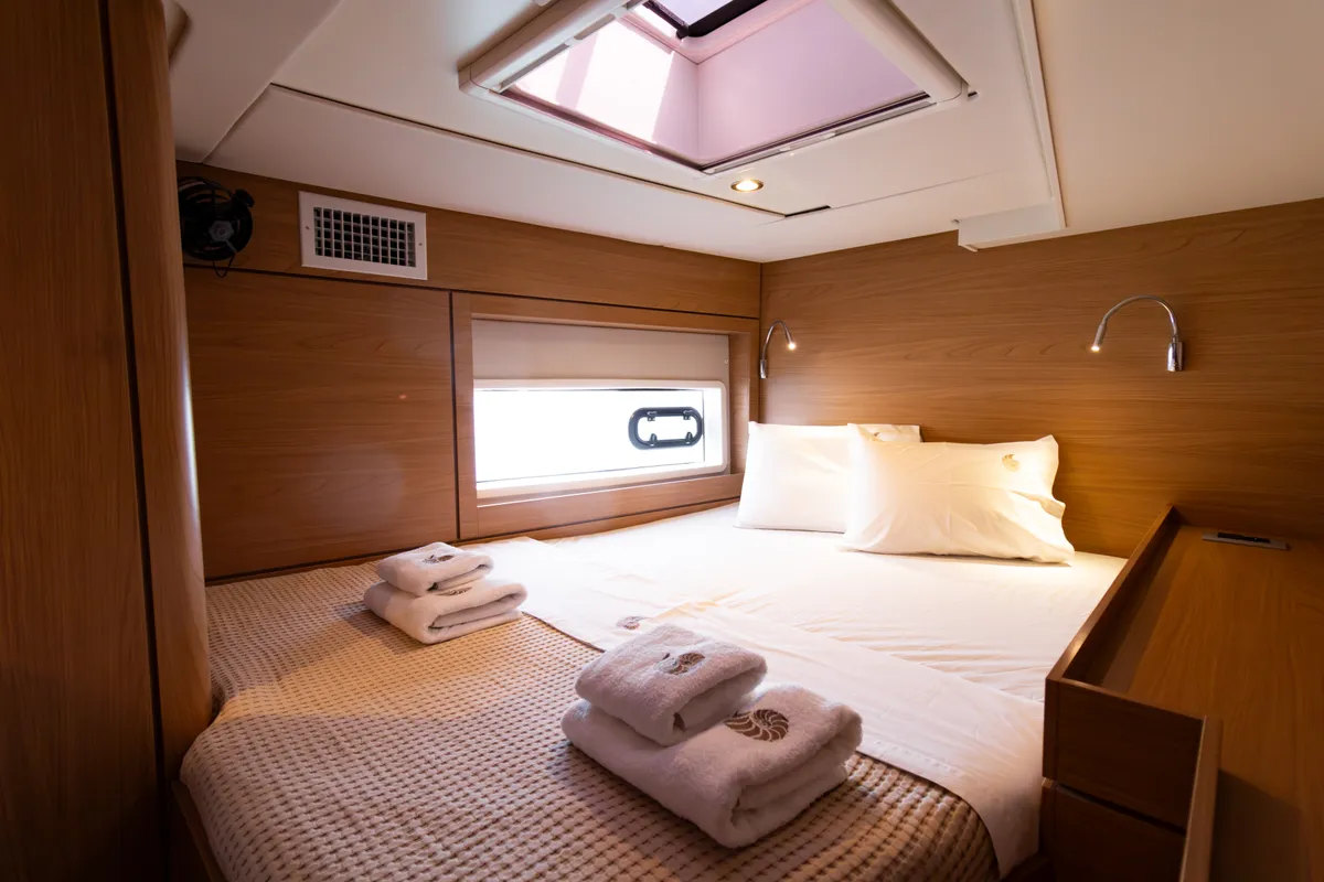 Cabin on Zizi II, a Bali 4.6 catamaran at Preveza, Greece