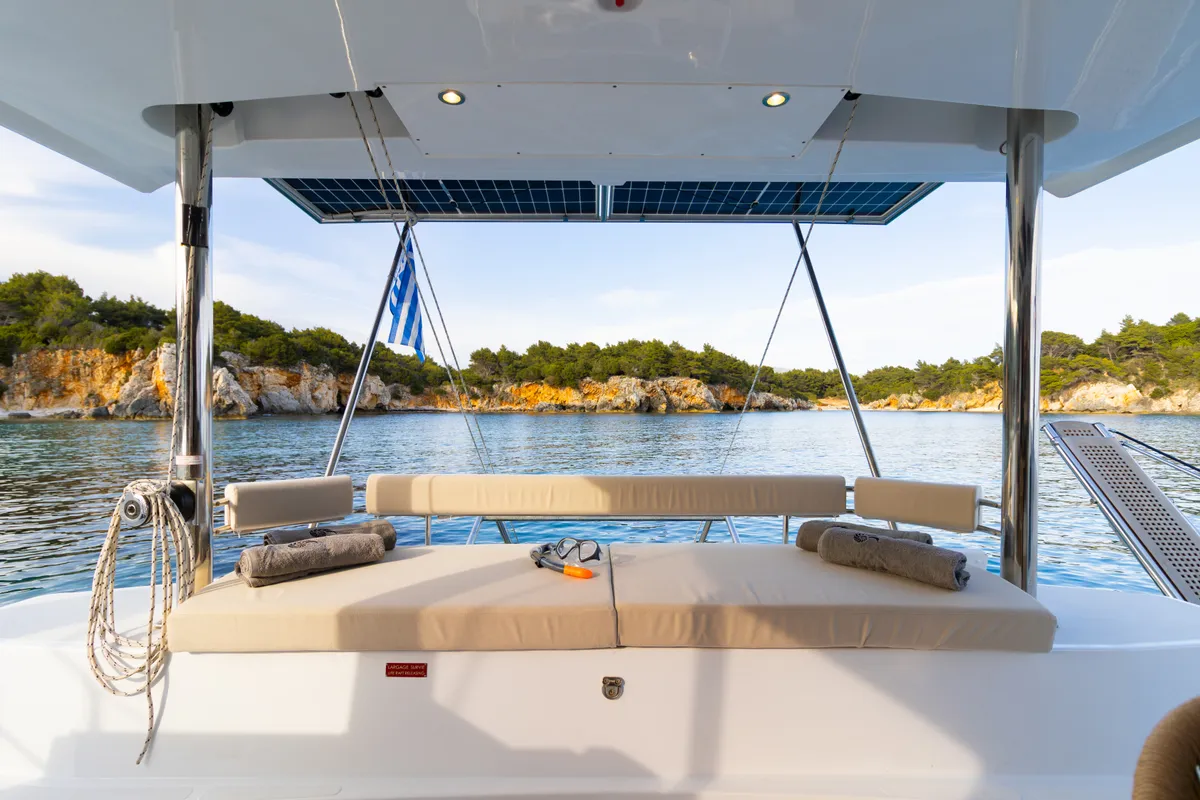 Deck of Zizi II, a Bali 4.6 catamaran at Preveza, Greece