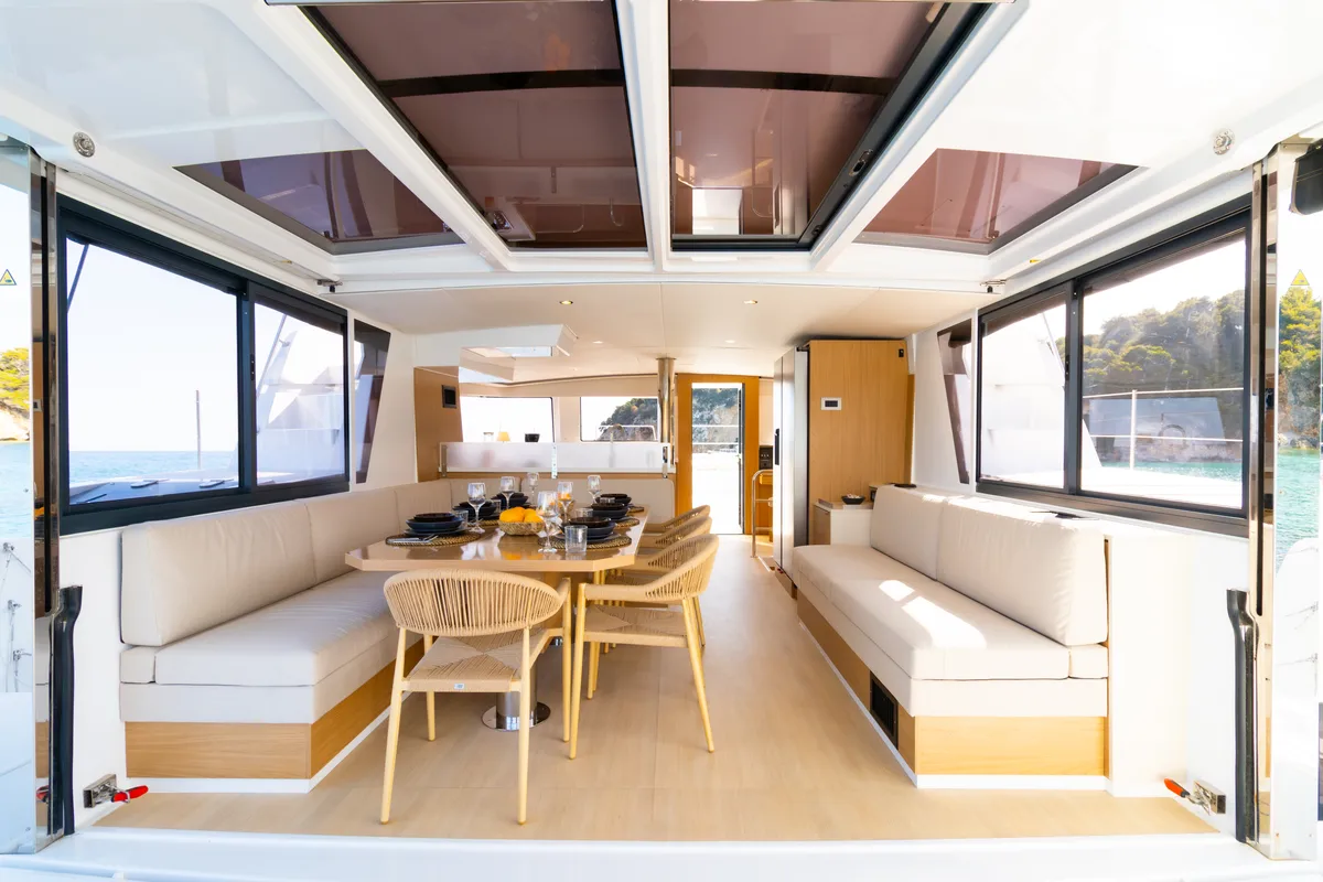 Salon of Zizi II, a Bali 4.6 catamaran at Preveza, Greece