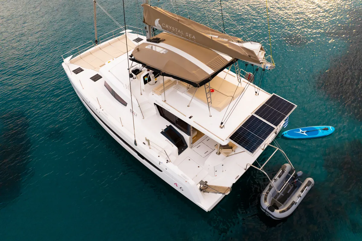 Exterior view of Zizi II, a Bali 4.6 catamaran at Preveza, Greece