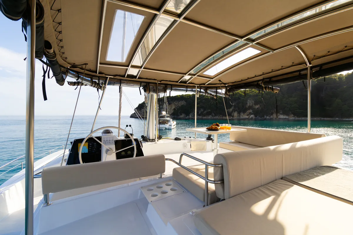 Cockpit of Zizi II, a Bali 4.6 catamaran at Preveza, Greece