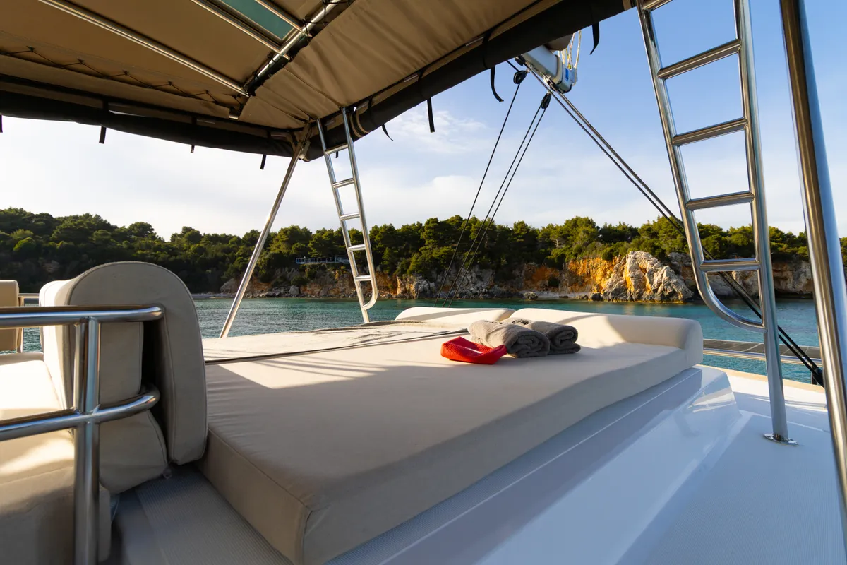 Deck of Zizi II, a Bali 4.6 catamaran at Preveza, Greece