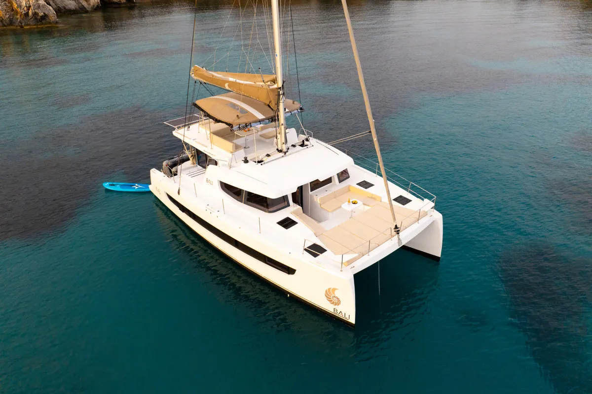 Exterior view of Zizi II, a Bali 4.6 catamaran at Preveza, Greece