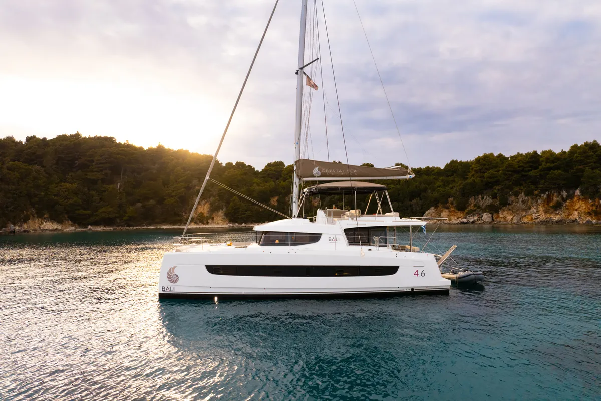 Exterior view of Zizi II, a Bali 4.6 catamaran at Preveza, Greece