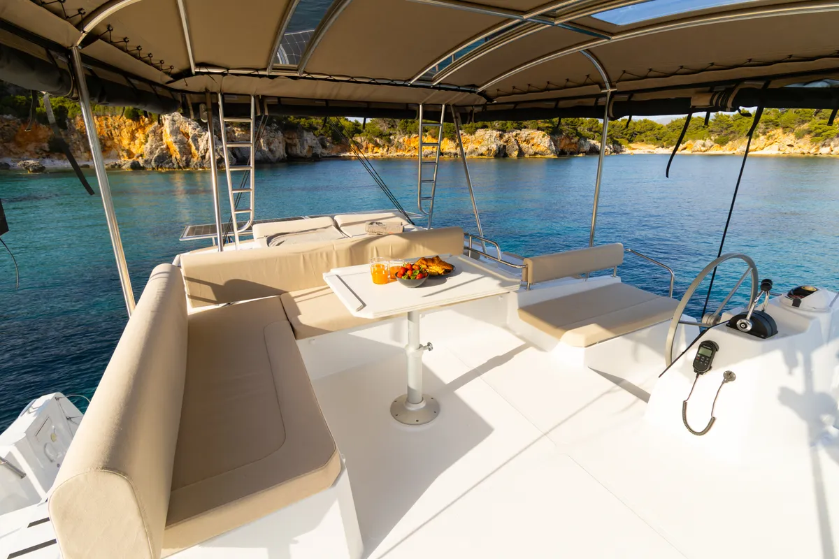 Cockpit of Zizi II, a Bali 4.6 catamaran at Preveza, Greece