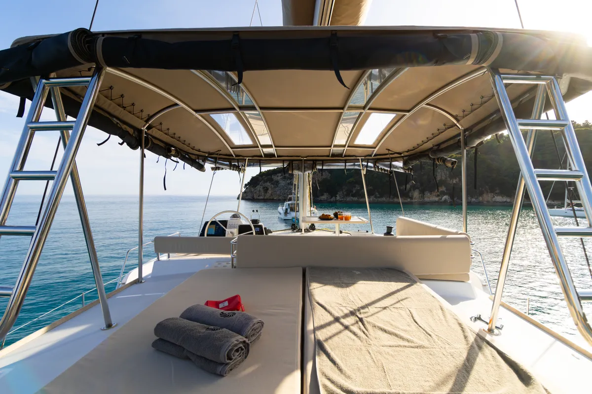 Deck of Zizi II, a Bali 4.6 catamaran at Preveza, Greece