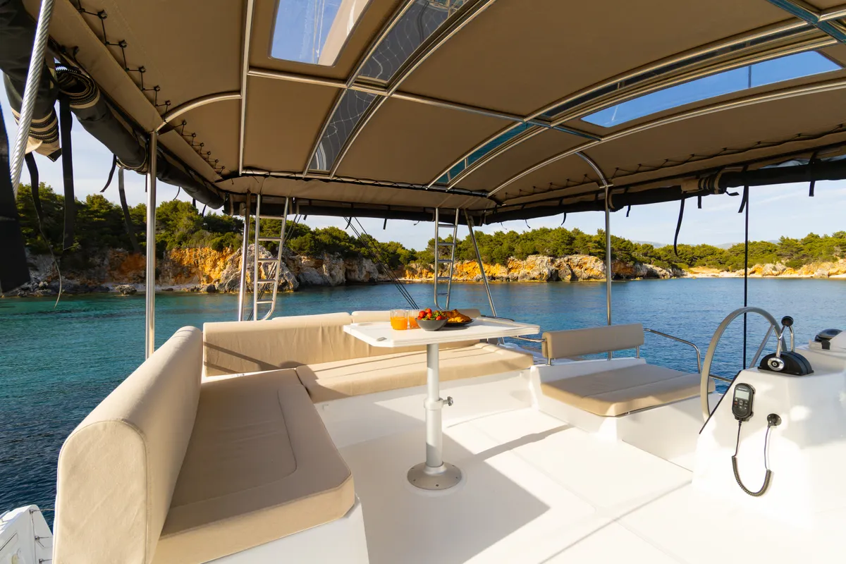 Cockpit of Zizi II, a Bali 4.6 catamaran at Preveza, Greece