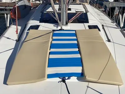 Deck of Sunny Wind, a Dufour 460 Grand Large sailboat at Tivat, Montenegro