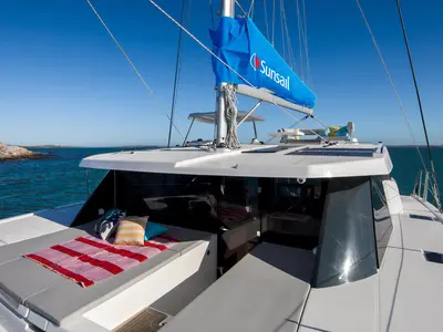 Deck of Sunsail 424/4/4 Premium, a Gulet Sunsail 424 catamaran at Općina Marina, Croatia