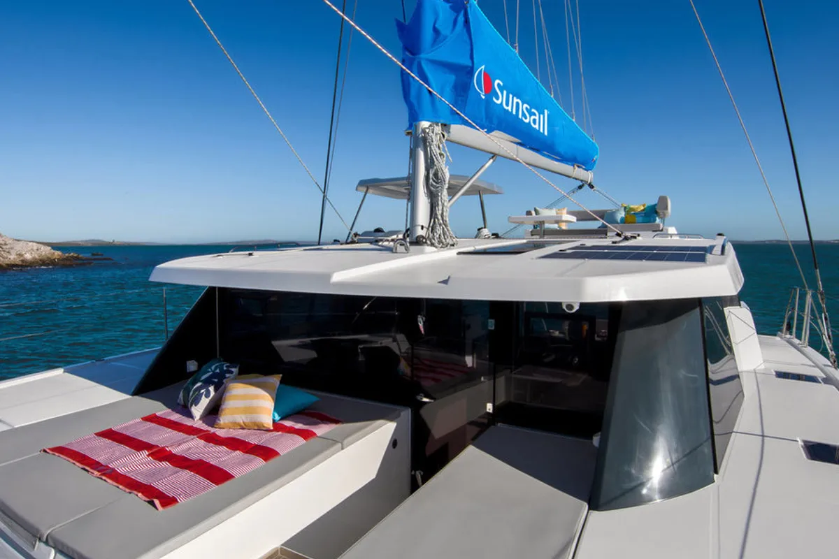 Deck of Sunsail 424/4/4 Premium, a Gulet Sunsail 424 catamaran at Općina Marina, Croatia