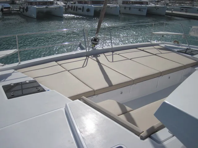 Deck of Patrizia, a Bali 4.3 catamaran at Capo d'Orlando, Italy