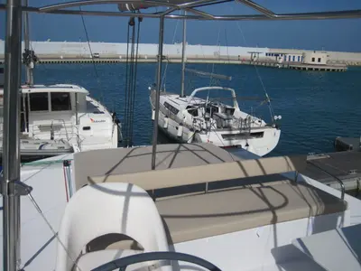 Cockpit of Patrizia, a Bali 4.3 catamaran at Capo d'Orlando, Italy