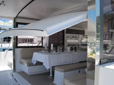 Salon of Patrizia, a Bali 4.3 catamaran at Capo d'Orlando, Italy