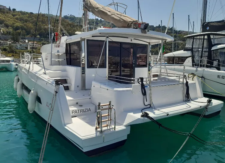 Exterior view of Patrizia, a Bali 4.3 catamaran at Capo d'Orlando, Italy