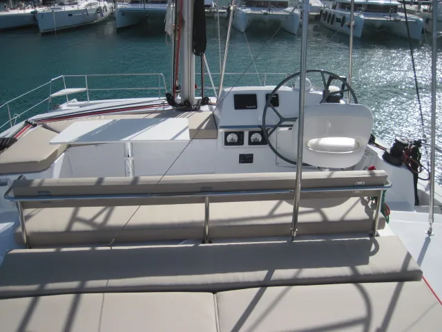 Cockpit of Patrizia, a Bali 4.3 catamaran at Capo d'Orlando, Italy