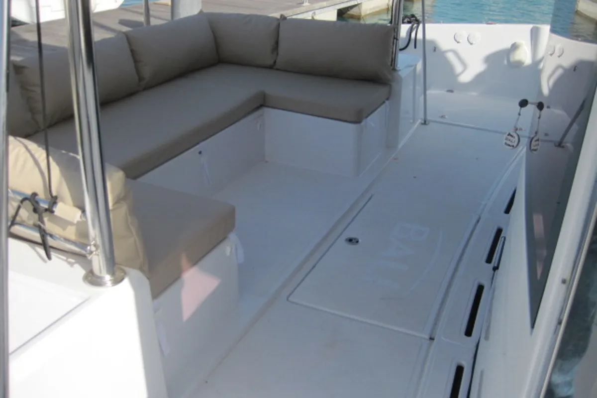 Deck of Patrizia, a Bali 4.3 catamaran at Capo d'Orlando, Italy
