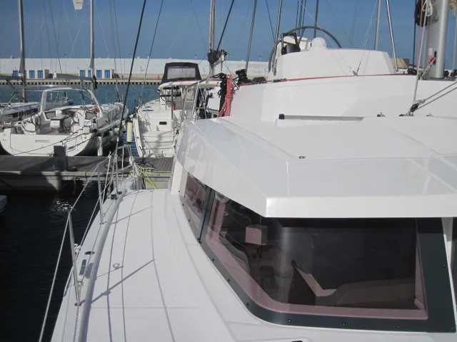 Deck of Patrizia, a Bali 4.3 catamaran at Capo d'Orlando, Italy