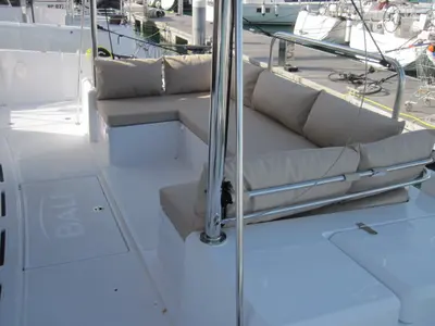 Deck of Patrizia, a Bali 4.3 catamaran at Capo d'Orlando, Italy