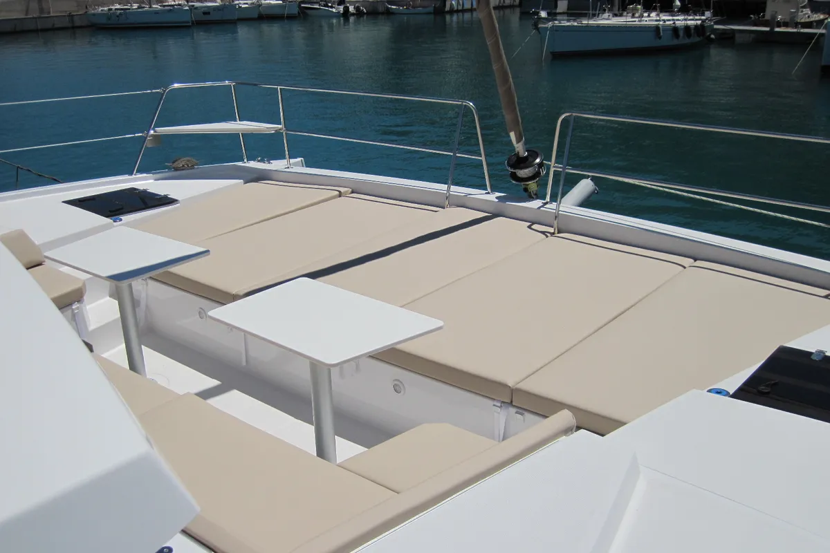 Deck of Patrizia, a Bali 4.3 catamaran at Capo d'Orlando, Italy