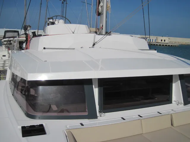 Deck of Patrizia, a Bali 4.3 catamaran at Capo d'Orlando, Italy