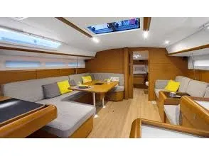 Salon of Pinta, a Jeanneau Sun Odyssey 519 sailboat at Parikia, Greece