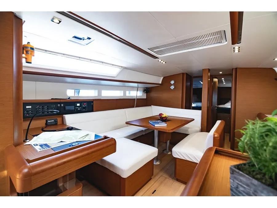 Salon of Pinta, a Jeanneau Sun Odyssey 519 sailboat at Parikia, Greece