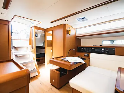 Salon of Pinta, a Jeanneau Sun Odyssey 519 sailboat at Parikia, Greece